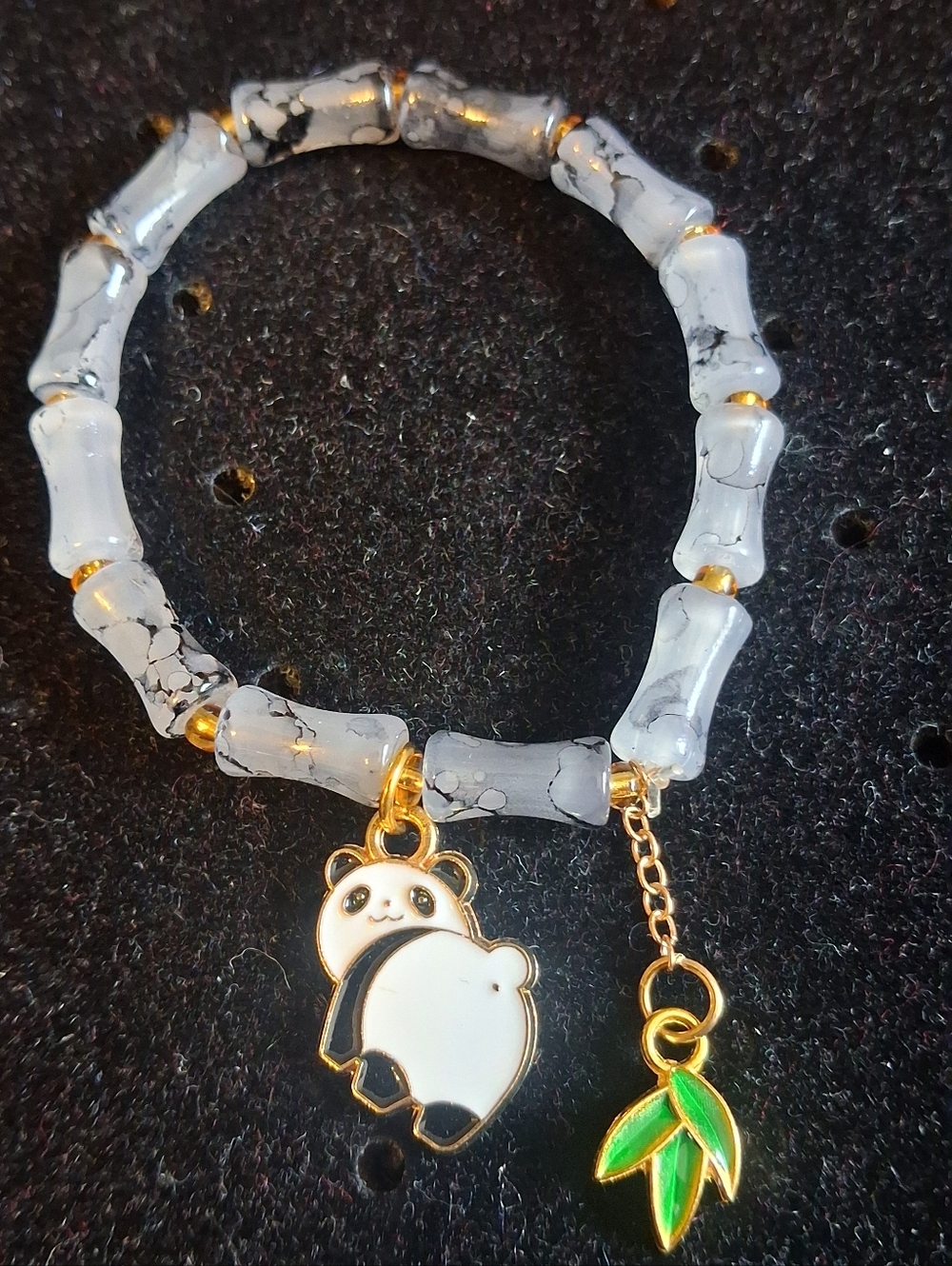 Kids Gray Marble Look Bamboo Shaped Bead Panda Charm Bracelet Goldtone Accents